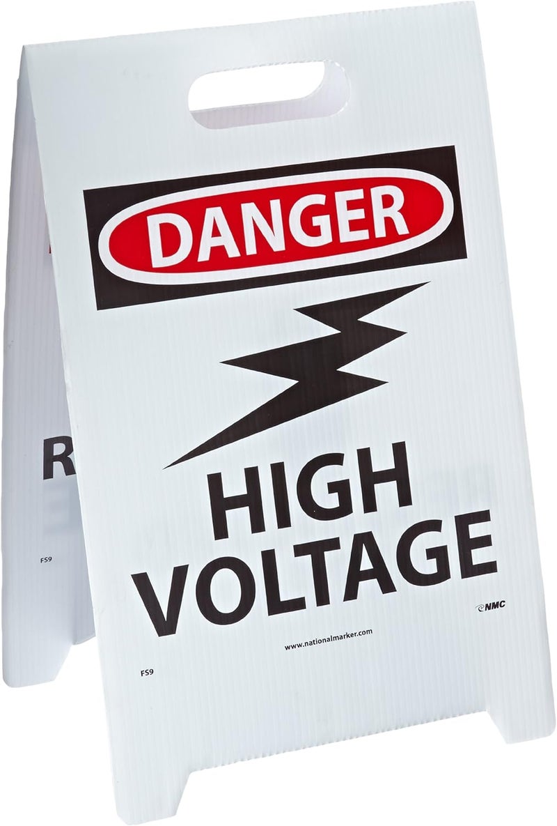NMC FS9 Double Sided Floor Sign, Legend "DANGER - HIGH VOLTAGE WARNING RESTRICTED AREA" with Graphic, 12" Length x 20" Height, Coroplast, Black on White - Image 1